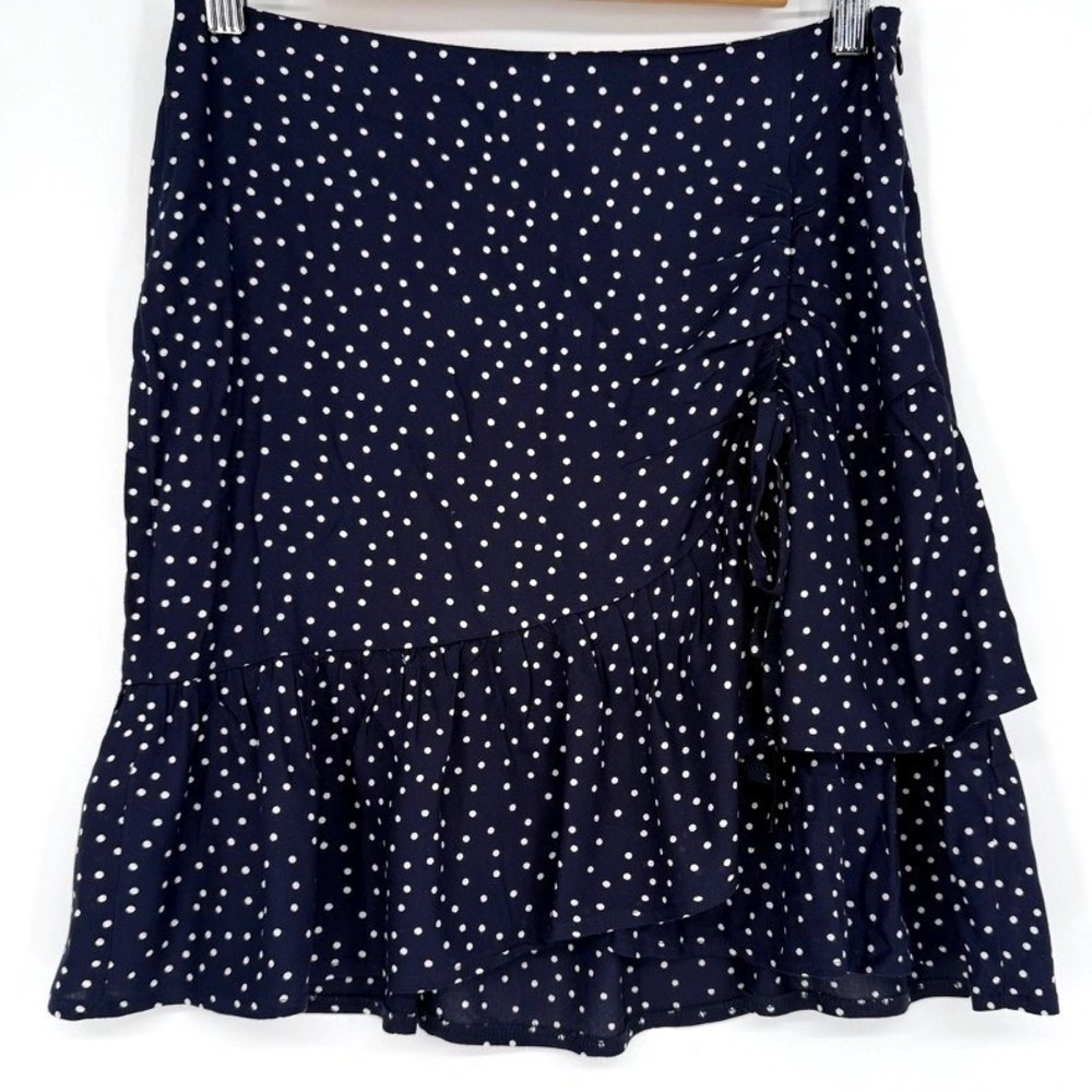 Francescas Navy Blue Polka Dot Ruffle Faux Wrap Mini Skirt S Retro Parisian NEW